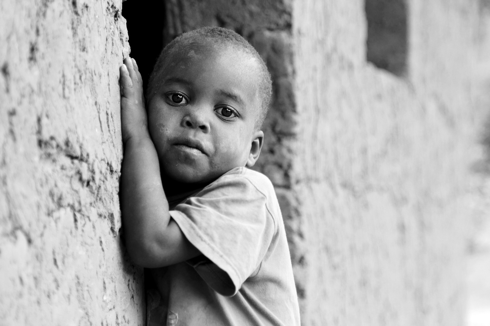 White and Black Portrait of Child Outdoors